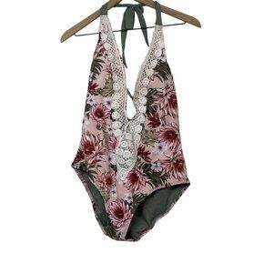 Kona Sol Women’s One-Piece Swimsuit Size Large Peach Floral Crochet Trim Plunge